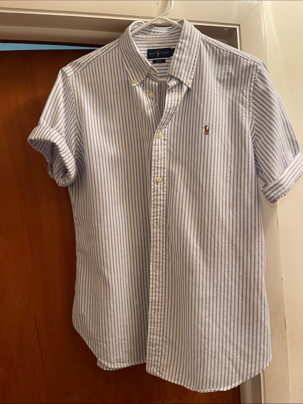 Ralph Lauren Light Blue and White Striped Short-Sleeve Button-Down Shirt